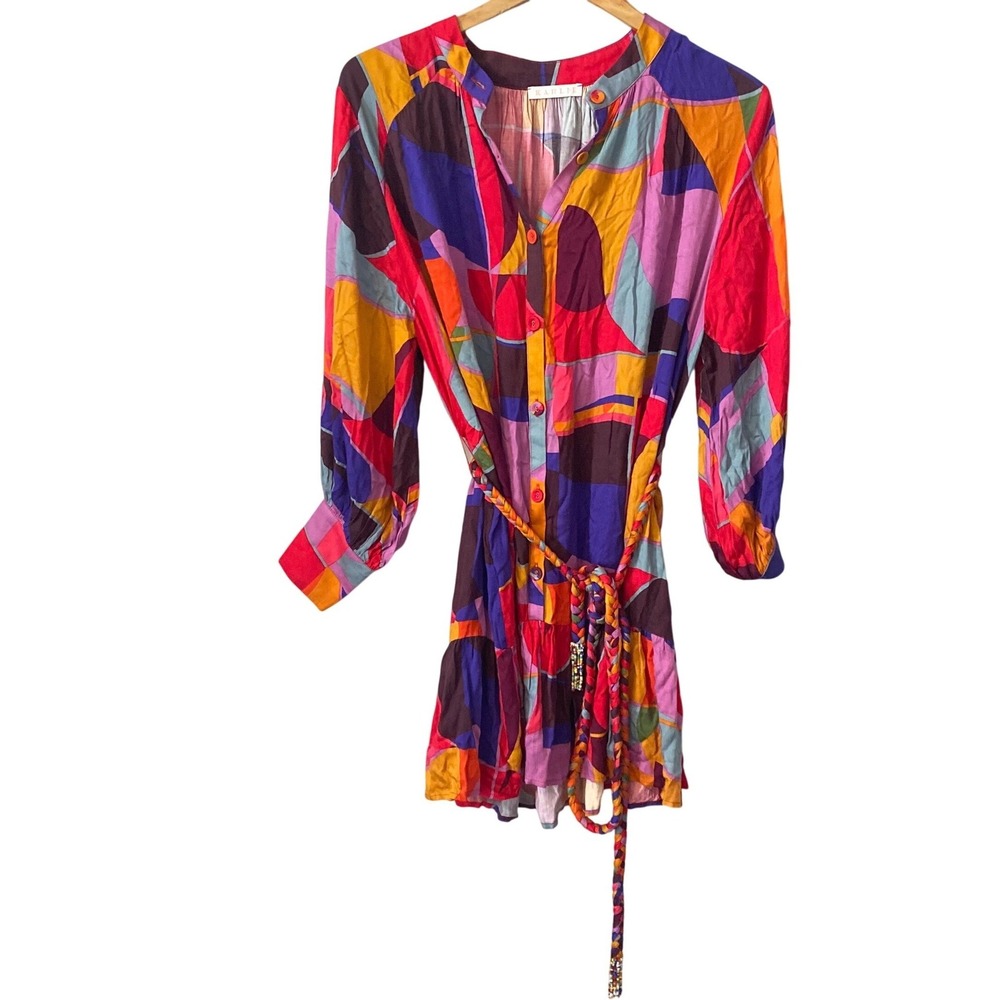 Karlie Women Sz Sm Geometric Abstract Print Mini Dress Braided Belt Multi Color
